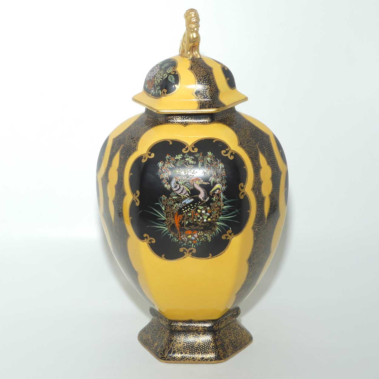 W & R Carlton Ware temple urn | Worcester Birds pattern on Black and Yellow | 2196