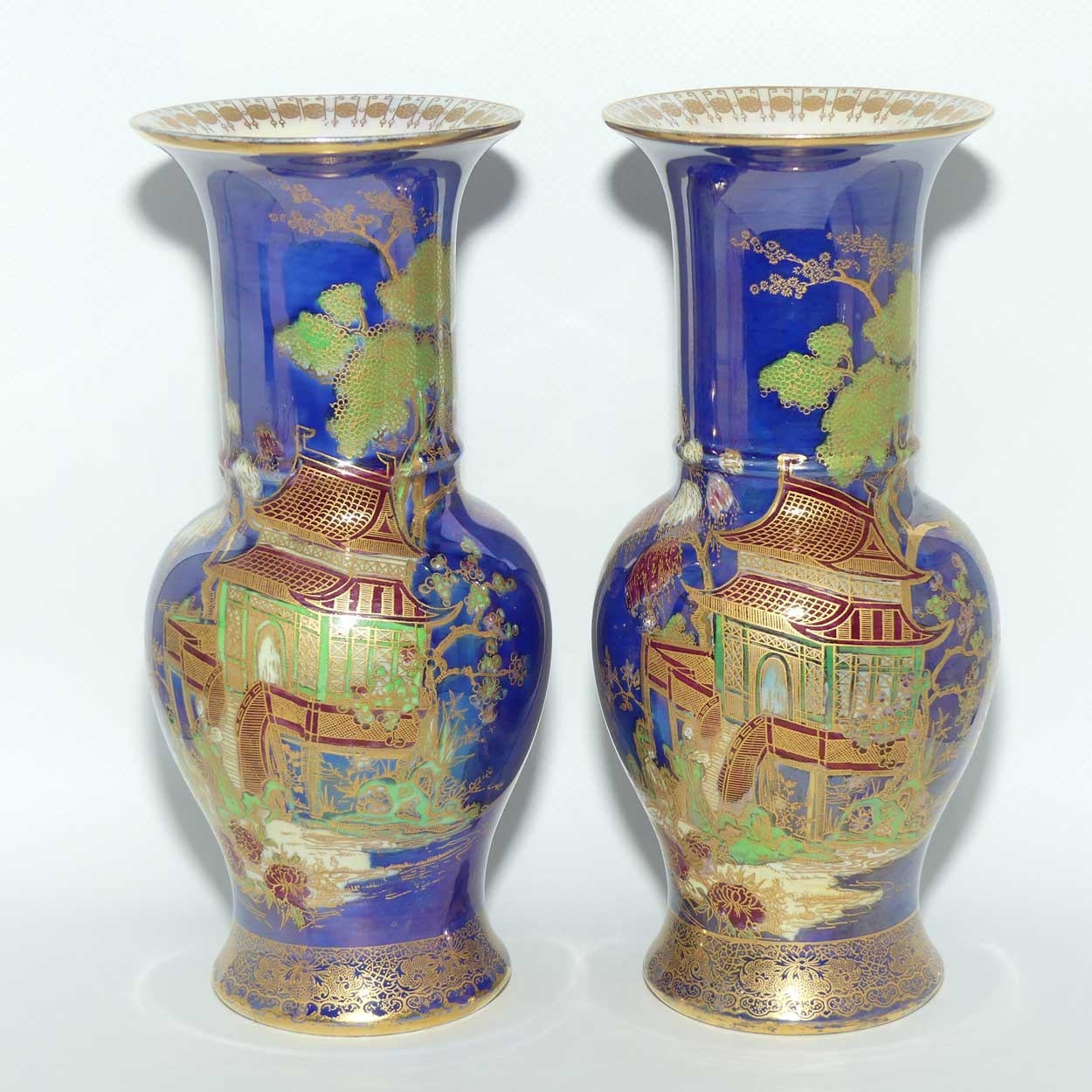 W & R Carlton Ware New Mikado pattern pair of vases on Blue Lustre Ground | 2814