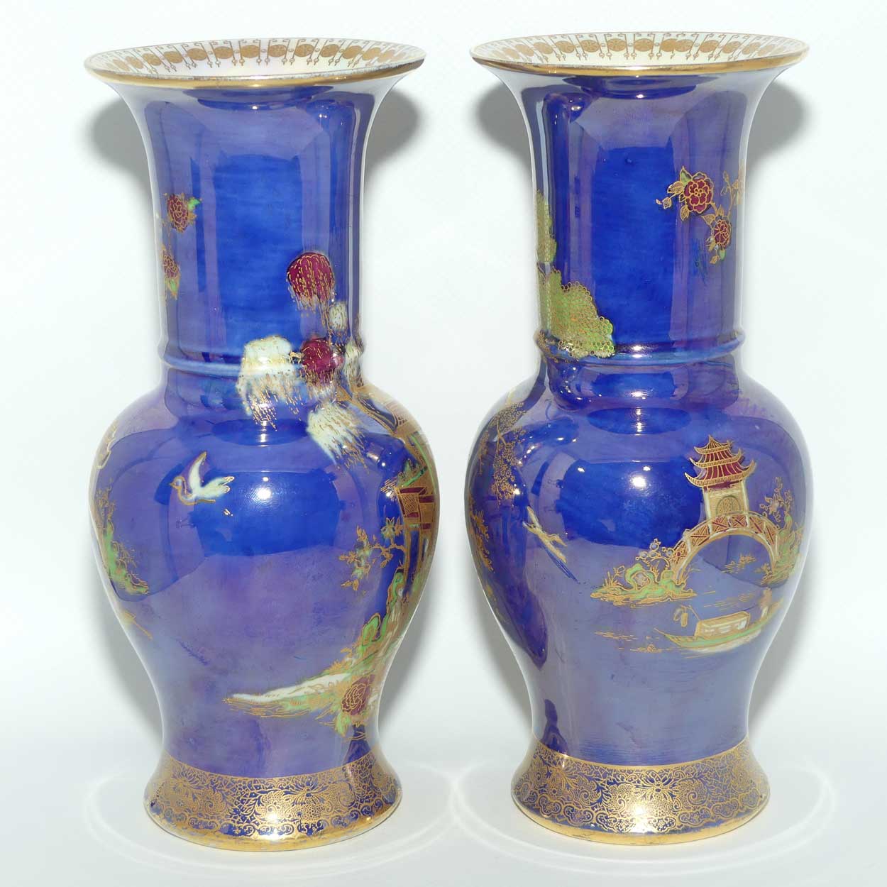W & R Carlton Ware New Mikado pattern pair of vases on Blue Lustre Ground | 2814
