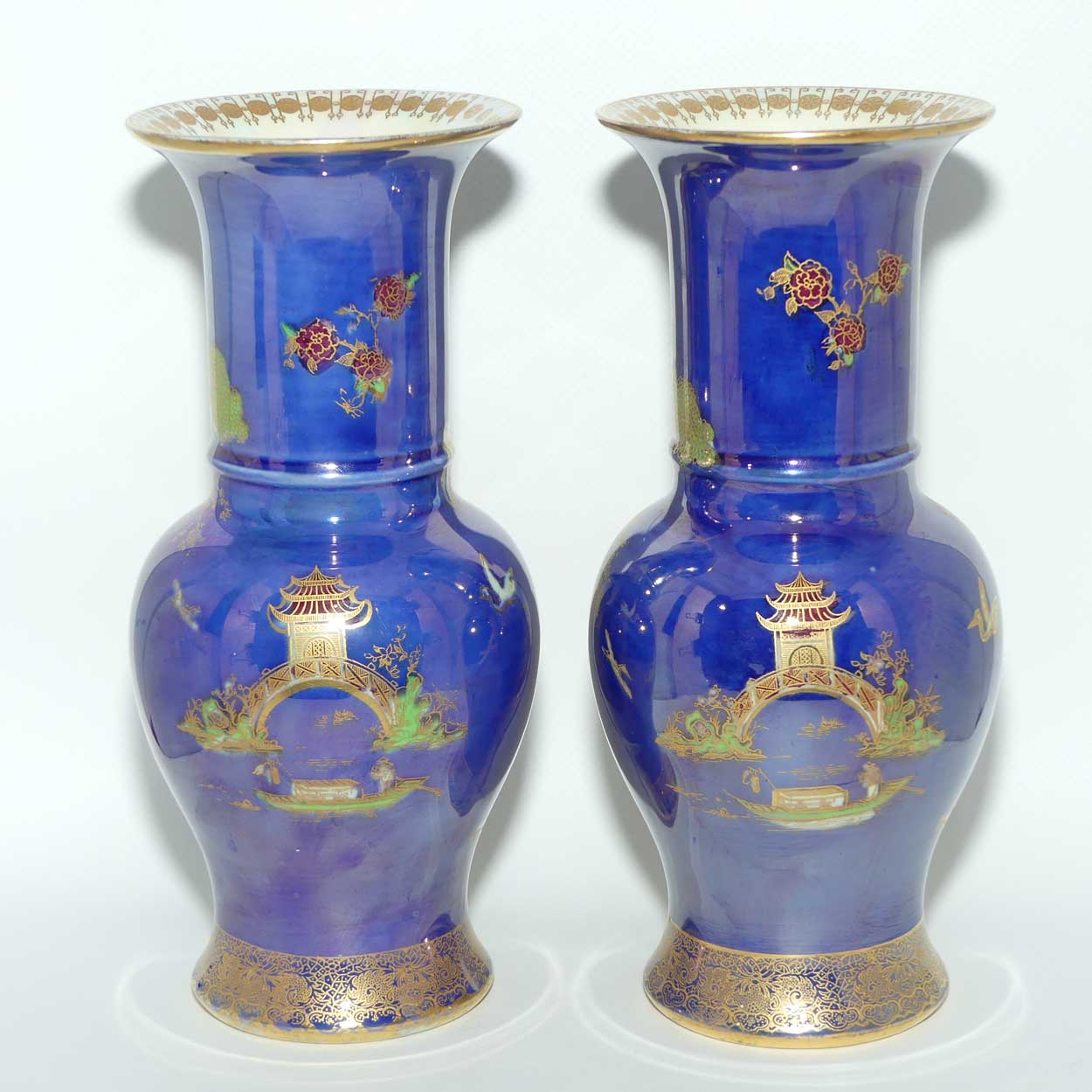 W & R Carlton Ware New Mikado pattern pair of vases on Blue Lustre Ground | 2814