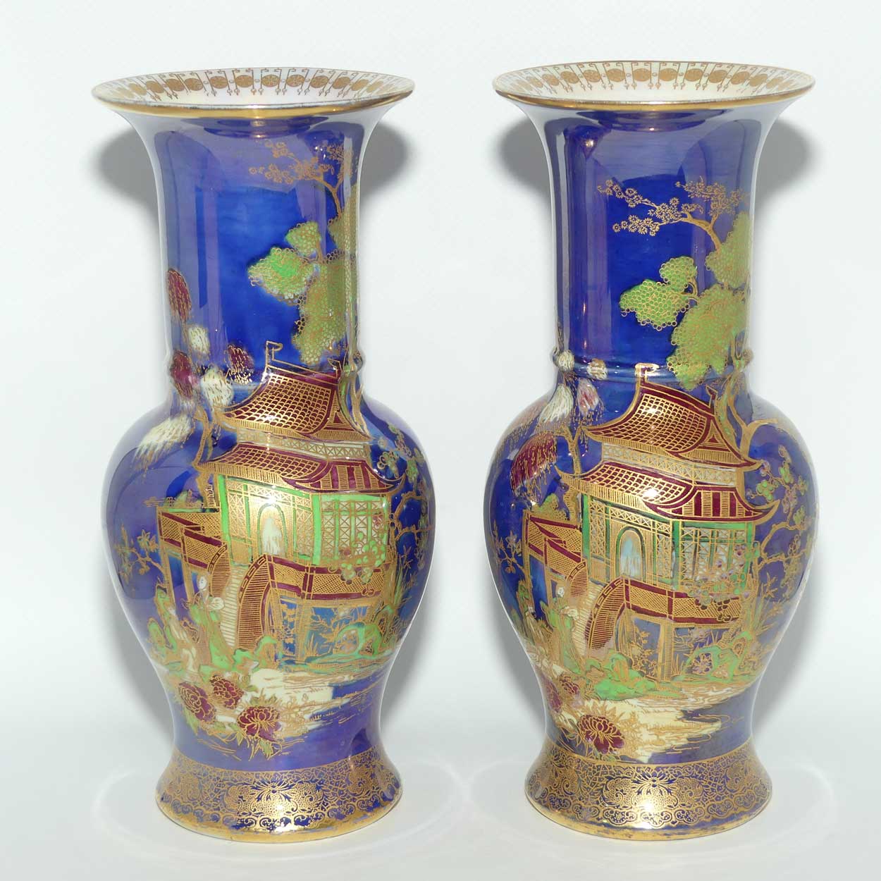 W & R Carlton Ware New Mikado pattern pair of vases on Blue Lustre Ground | 2814