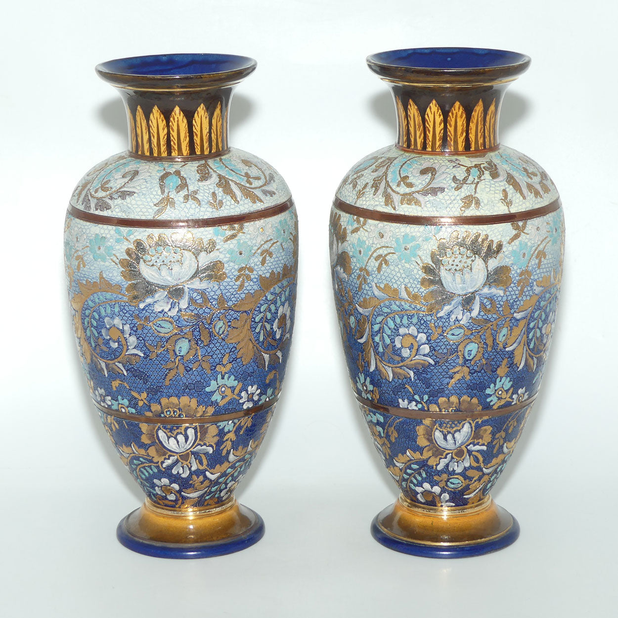 Doulton Lambeth Stoneware Pair of Slaters Patent vases | Blue and Gilt with White Enamel | X3904