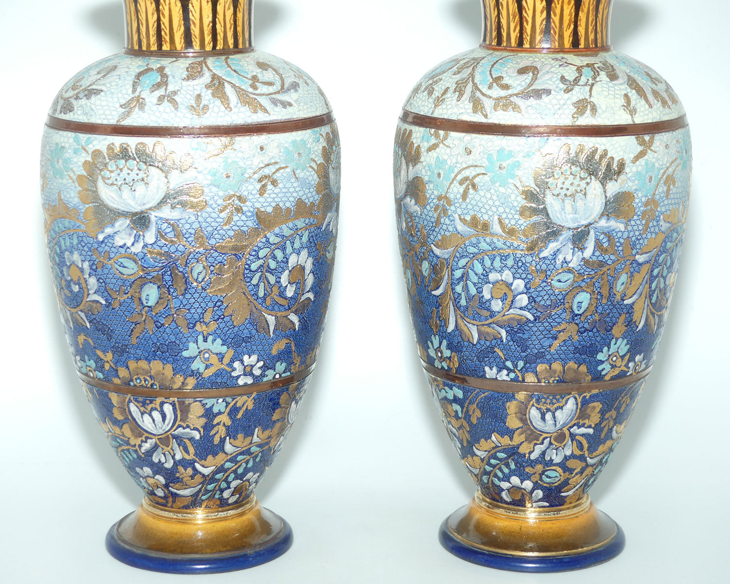 Doulton Lambeth Stoneware Pair of Slaters Patent vases | Blue and Gilt with White Enamel | X3904