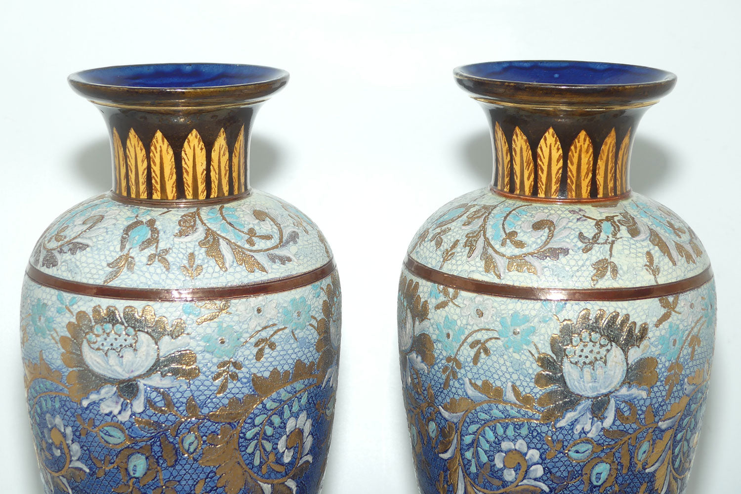 Doulton Lambeth Stoneware Pair of Slaters Patent vases | Blue and Gilt with White Enamel | X3904