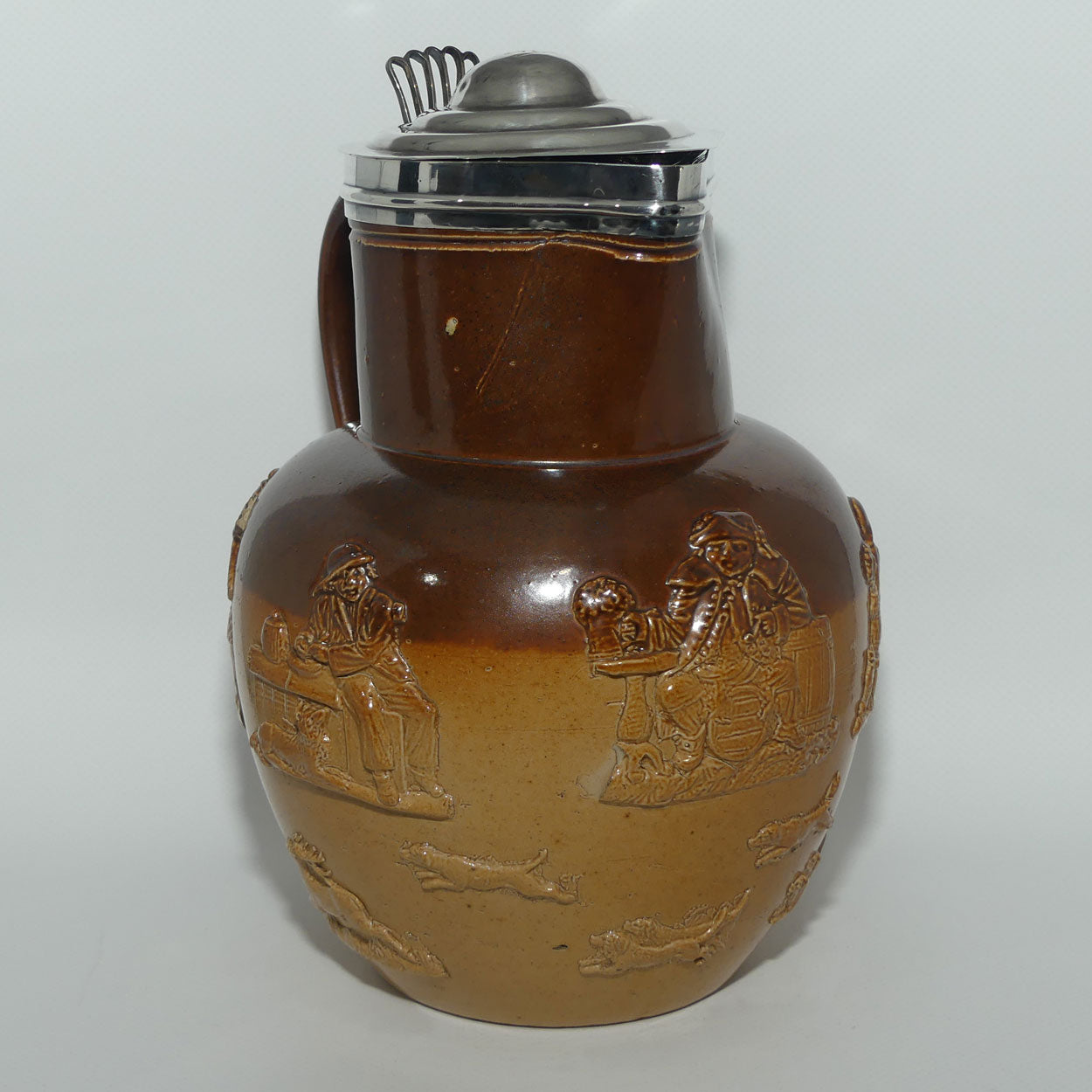Doulton Lambeth Harvest Hunting ale jug with Sterling Silver Rim and Lid | Gardez Bien