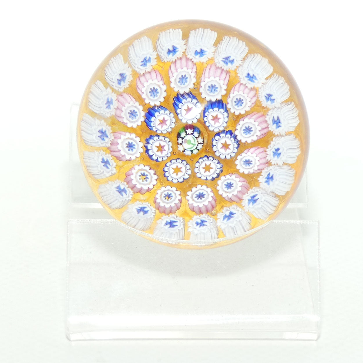John Deacons Scotland Millefiori Concentric miniature paperweight | Amber