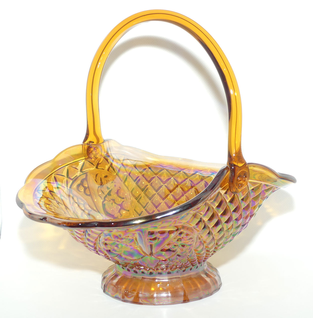 Amber Indiana Glass | Carnival Glass basket | 3 panels of Cherries