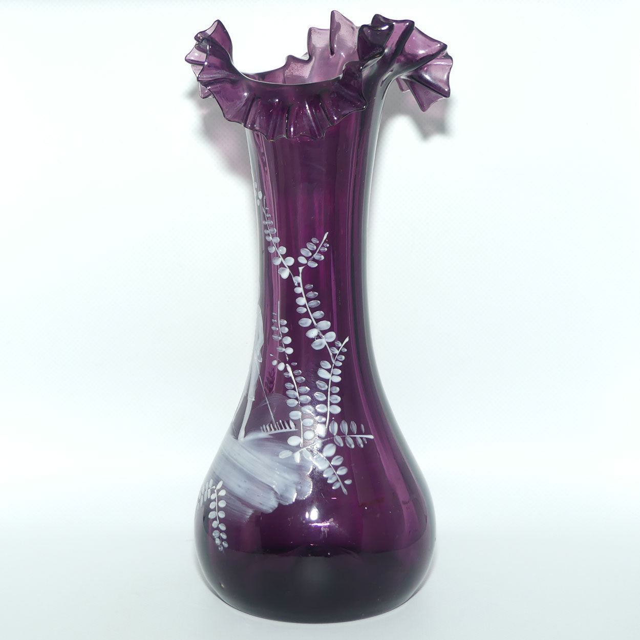 Amethyst glass Frilled Top Mary Gregory vase depicting a Boy with Watering Can and Cane