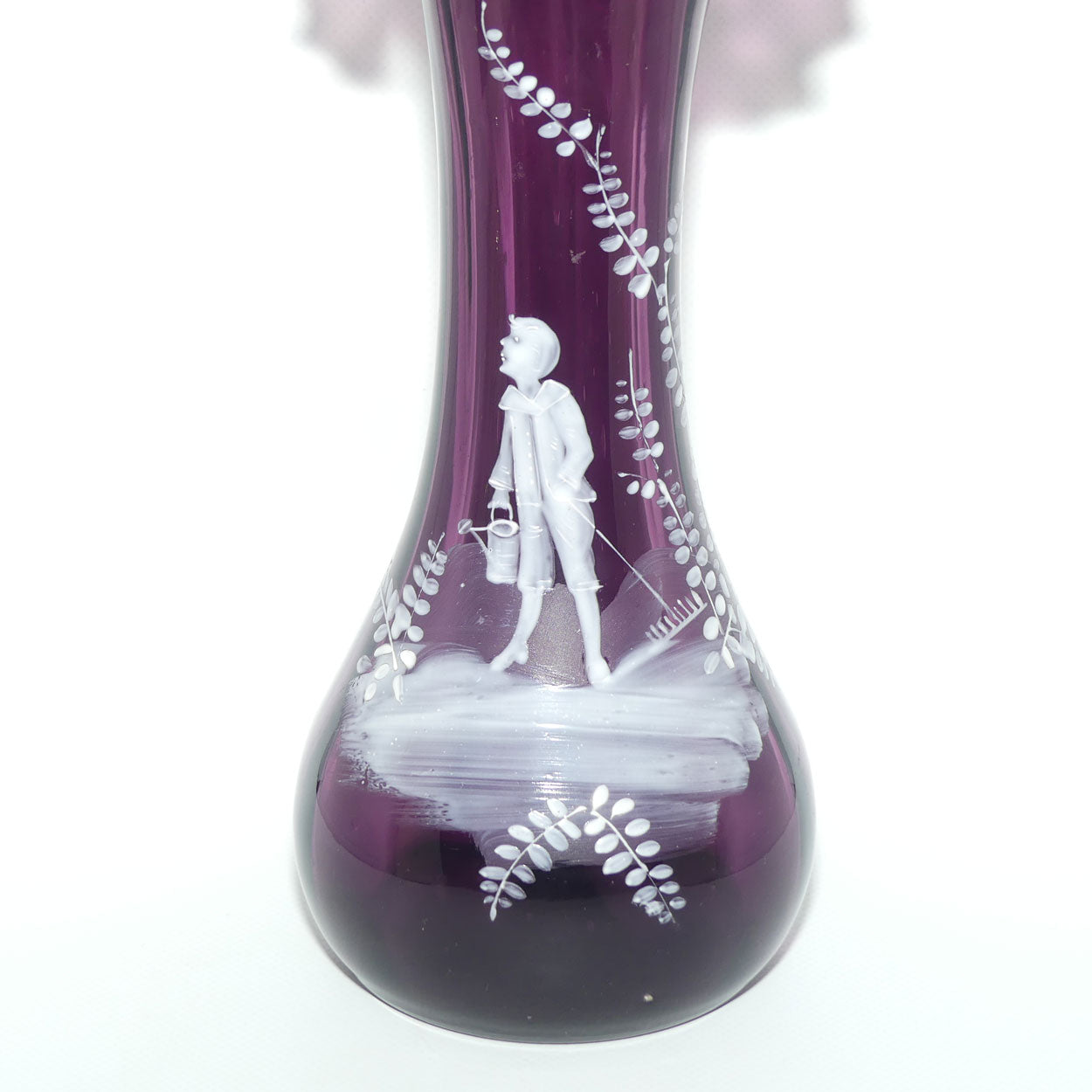 Amethyst glass Frilled Top Mary Gregory vase depicting a Boy with Watering Can and Cane