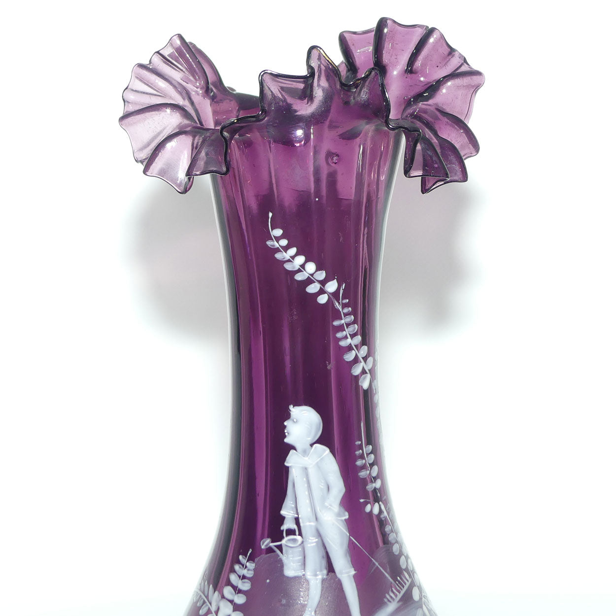 Amethyst glass Frilled Top Mary Gregory vase depicting a Boy with Watering Can and Cane
