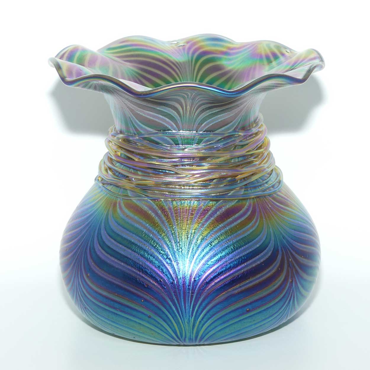 Art Nouveau Jugendstil Iridescent Amethyst Glass Vase with Peacock Feather pattern and applied Threads