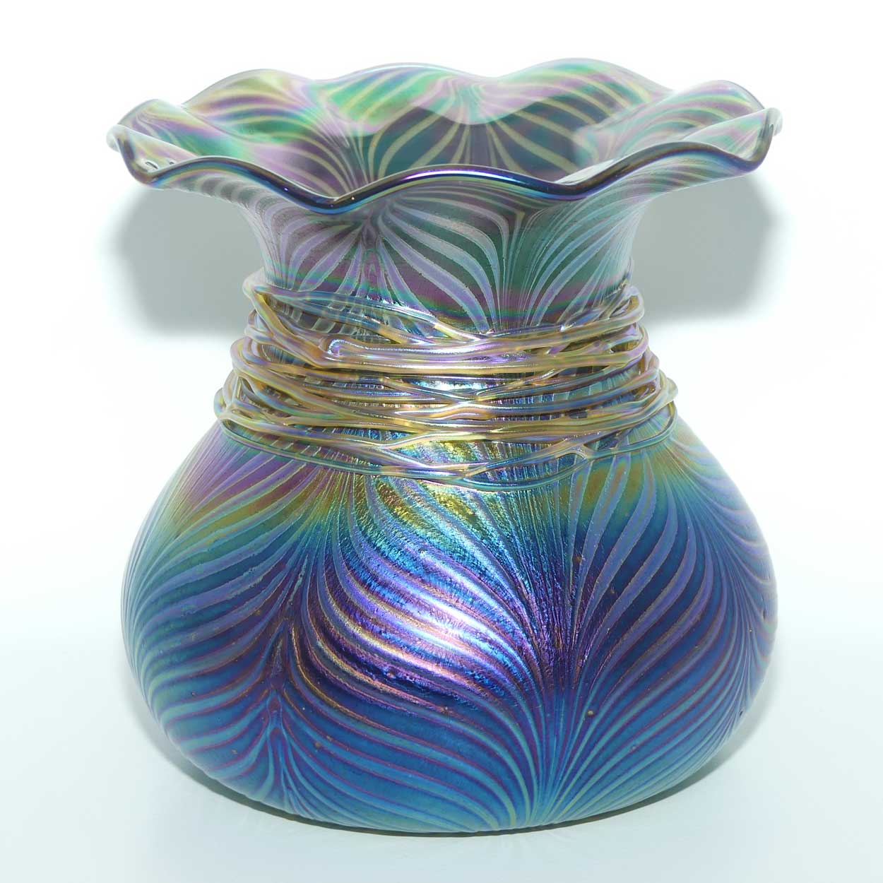 Art Nouveau Jugendstil Iridescent Amethyst Glass Vase with Peacock Feather pattern and applied Threads