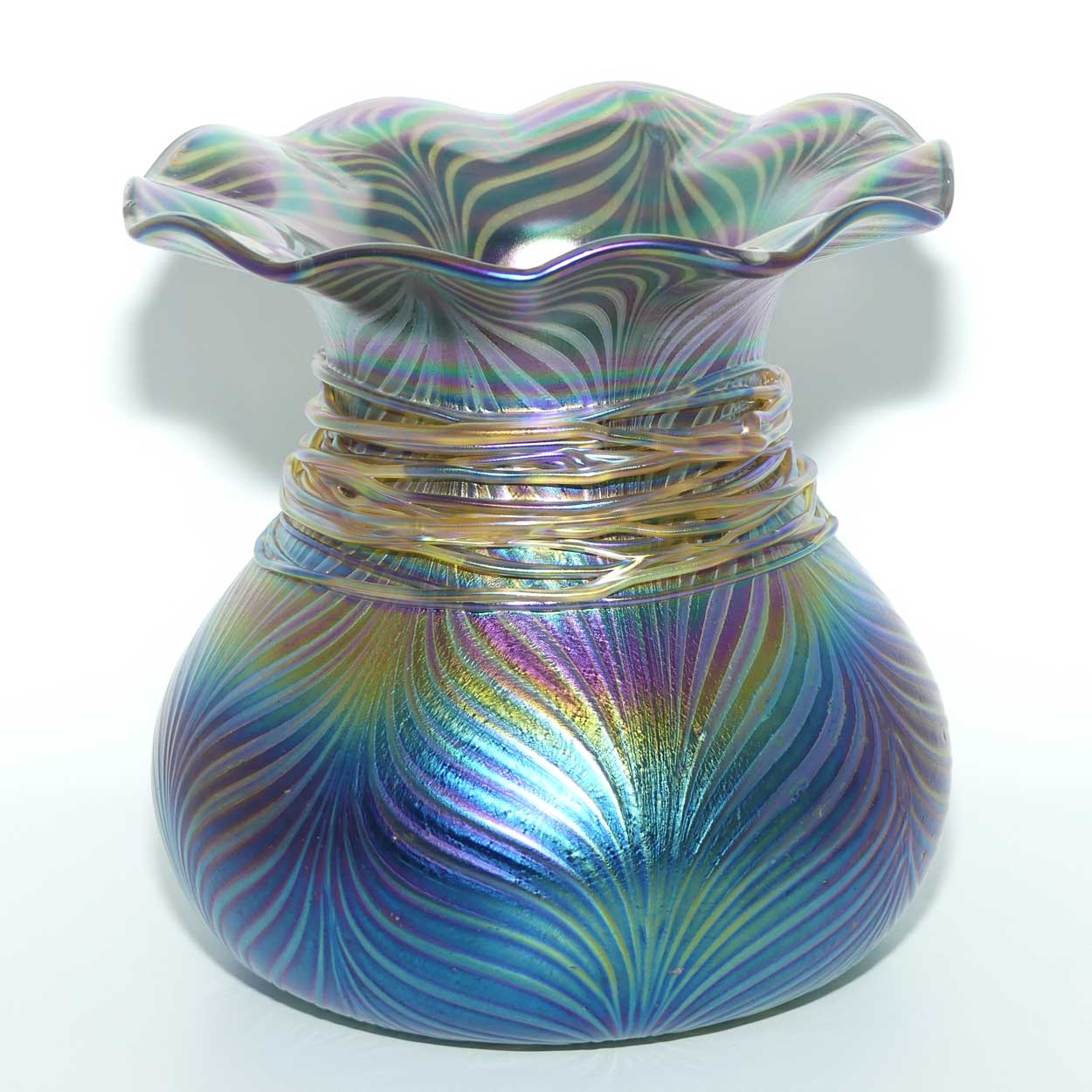 Art Nouveau Jugendstil Iridescent Amethyst Glass Vase with Peacock Feather pattern and applied Threads