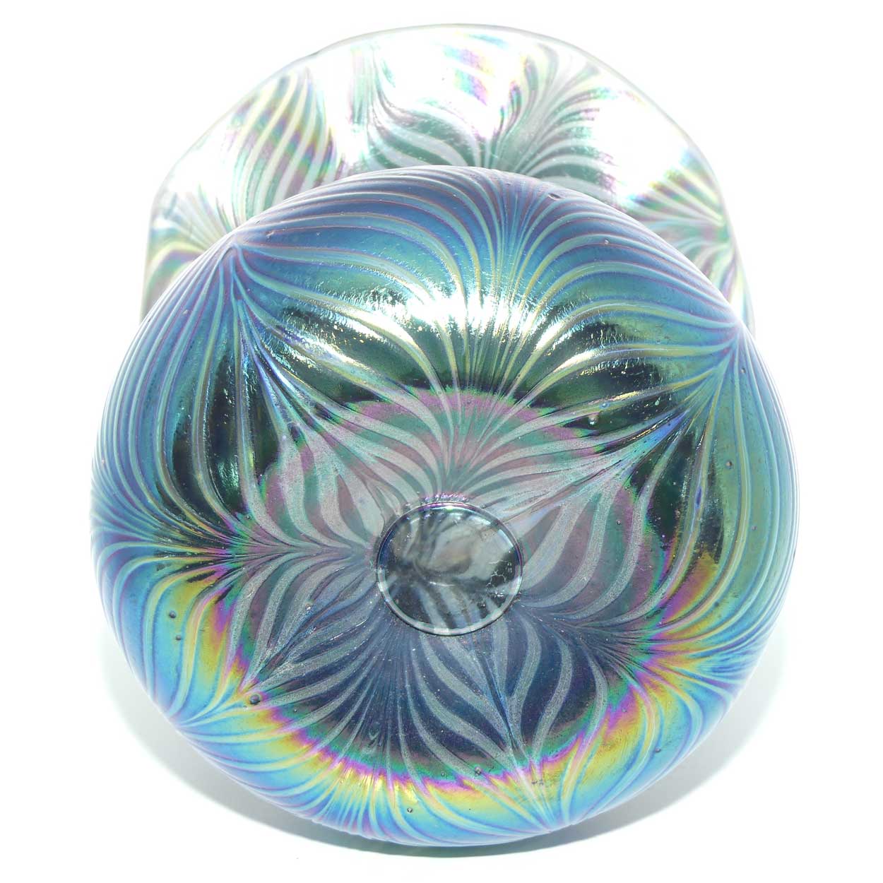 Art Nouveau Jugendstil Iridescent Amethyst Glass Vase with Peacock Feather pattern and applied Threads