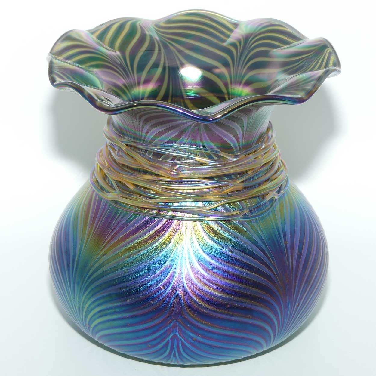 Art Nouveau Jugendstil Iridescent Amethyst Glass Vase with Peacock Feather pattern and applied Threads