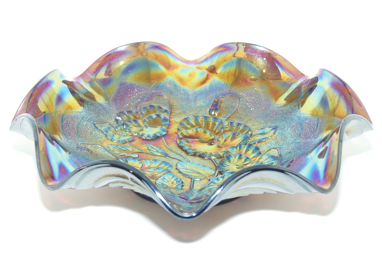 Imperial Carnival Glass Pansy Ruffled bowl | Amethyst | 23cm