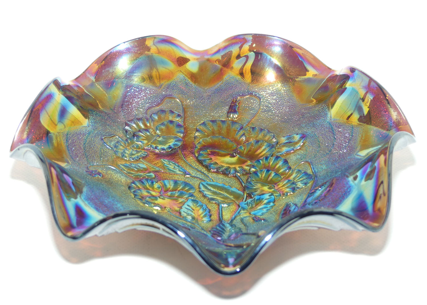 Imperial Carnival Glass Pansy Ruffled bowl | Amethyst | 23cm