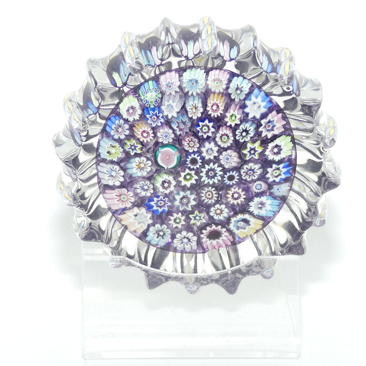 John Deacons Scotland Closepack Millefiori paperweight | Ribbed Latticino edge | Amethyst