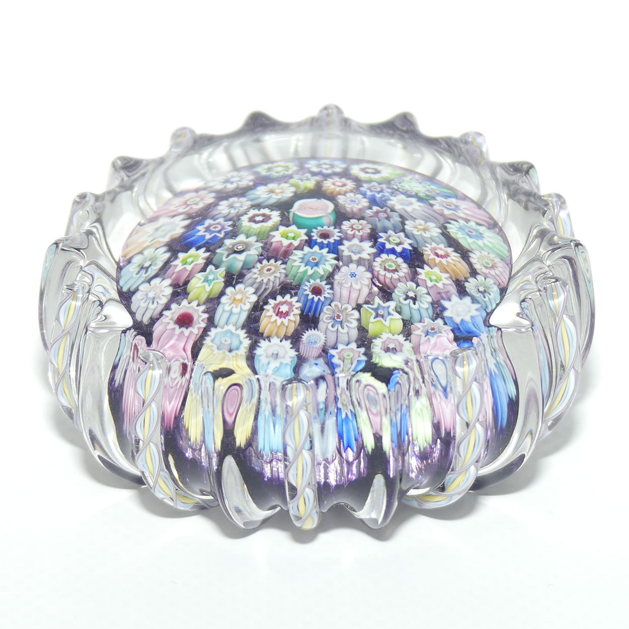 John Deacons Scotland Closepack Millefiori paperweight | Ribbed Latticino edge | Amethyst