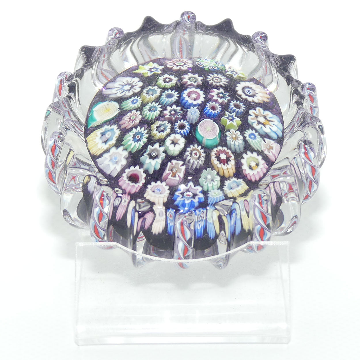 John Deacons Scotland Closepack Millefiori paperweight | Ribbed Latticino edge | Amethyst
