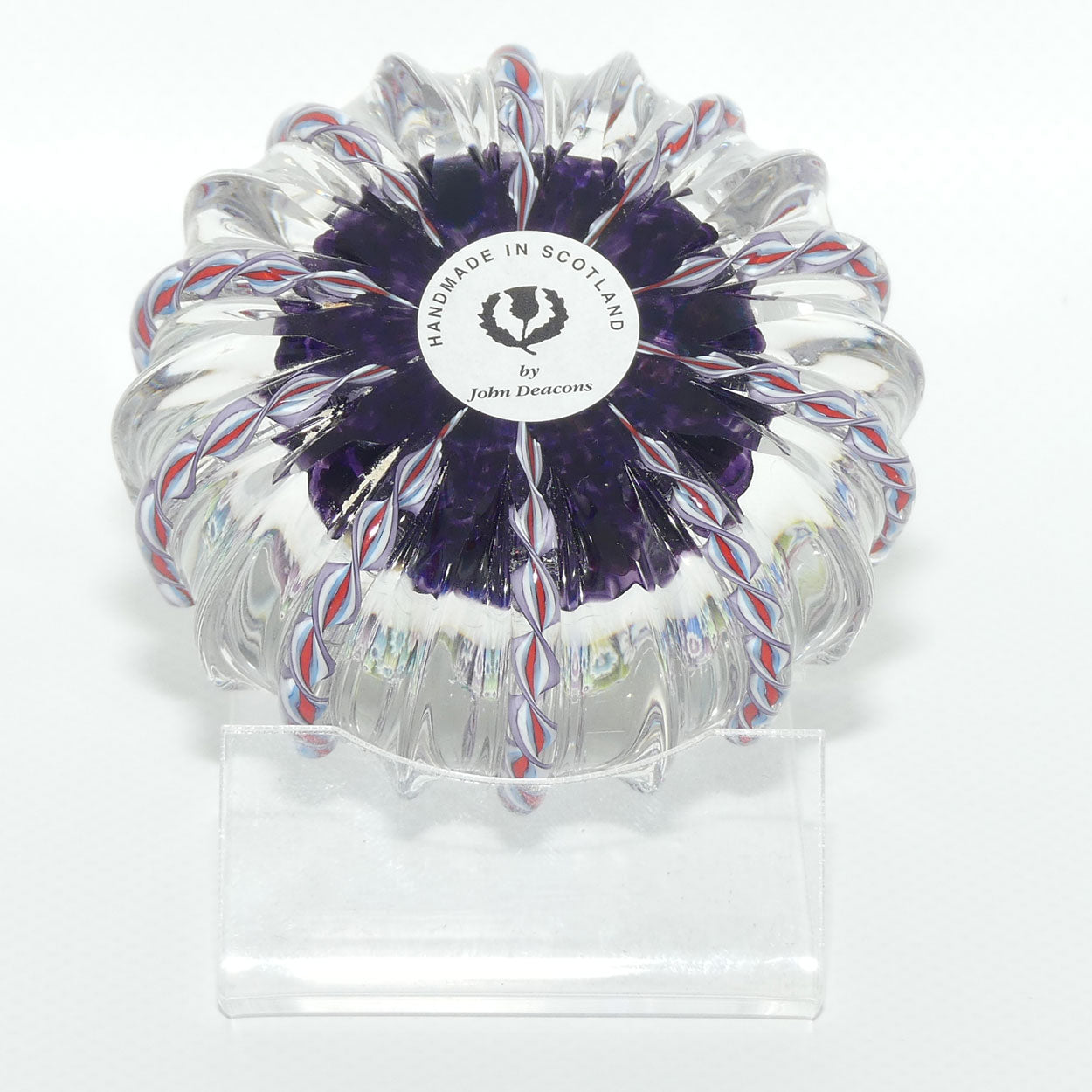 John Deacons Scotland Closepack Millefiori paperweight | Ribbed Latticino edge | Amethyst