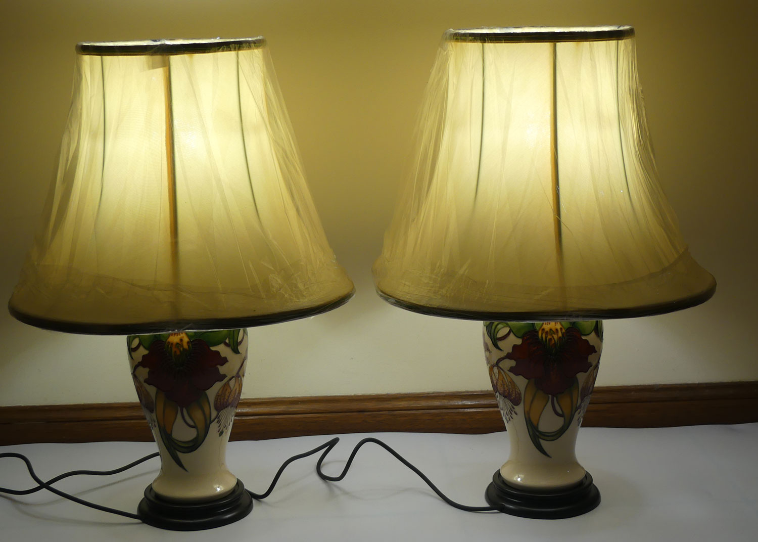 Moorcroft pair of Lamps and Silk Shades | Anna Lily pattern | Shape 46/10