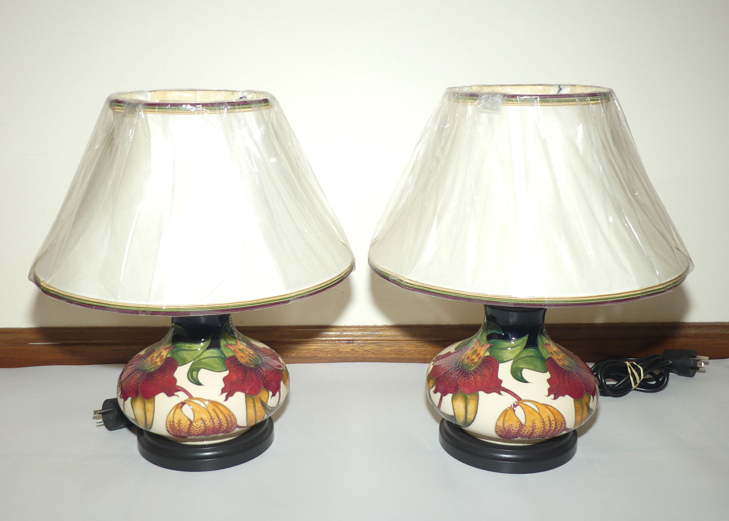 Moorcroft pair of Lamps and Silk Shades | Anna Lily pattern | Shape 32/8