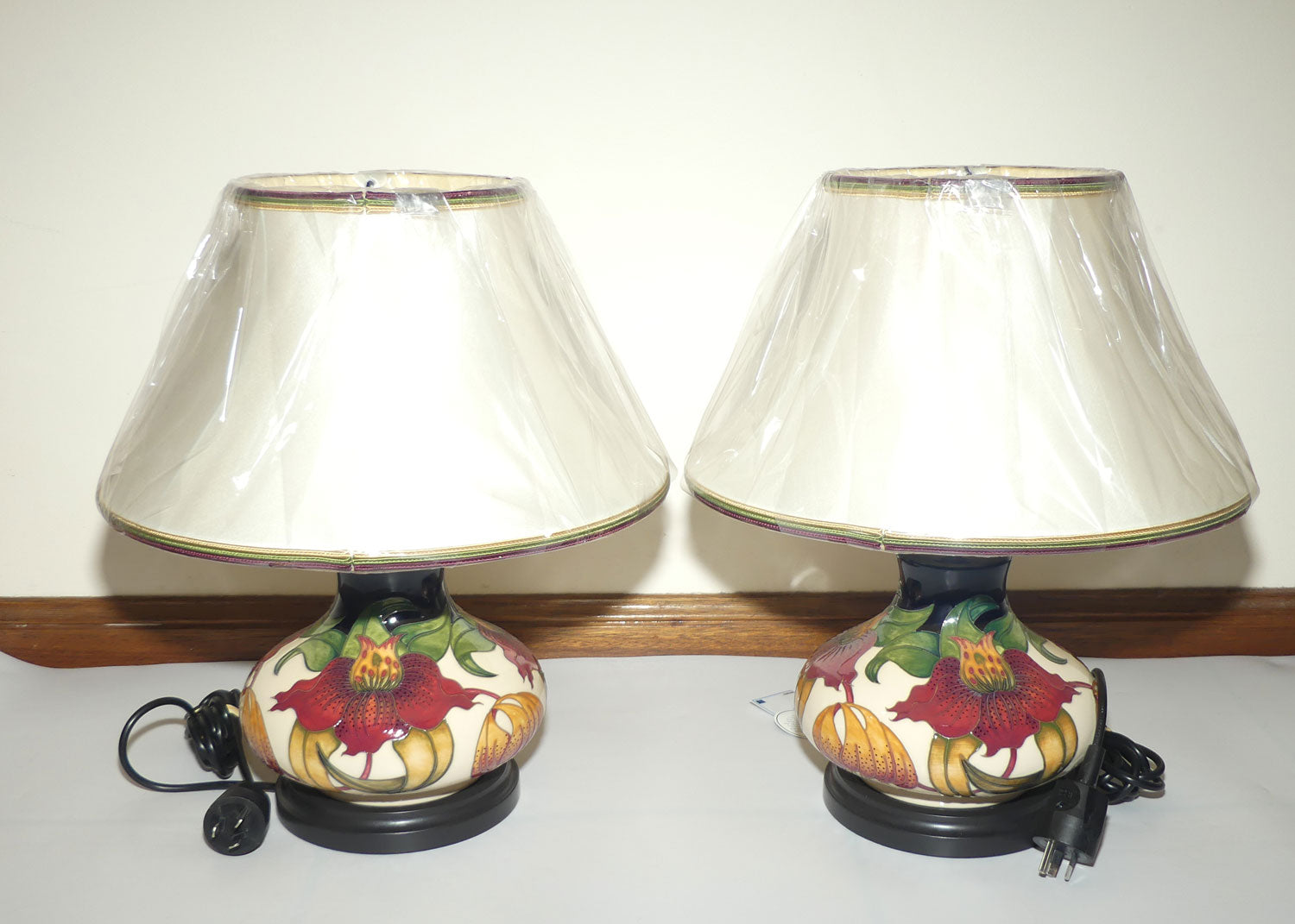 Moorcroft pair of Lamps and Silk Shades | Anna Lily pattern | Shape 32/8