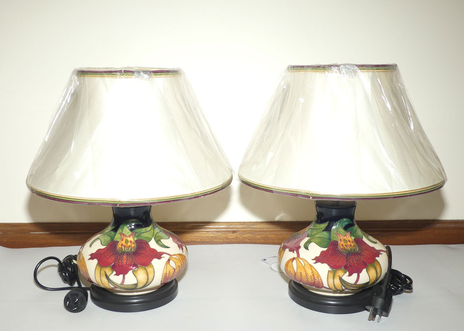 Moorcroft pair of Lamps and Silk Shades | Anna Lily pattern | Shape 32/8