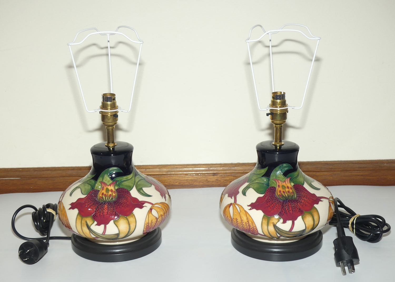 Moorcroft pair of Lamps and Silk Shades | Anna Lily pattern | Shape 32/8