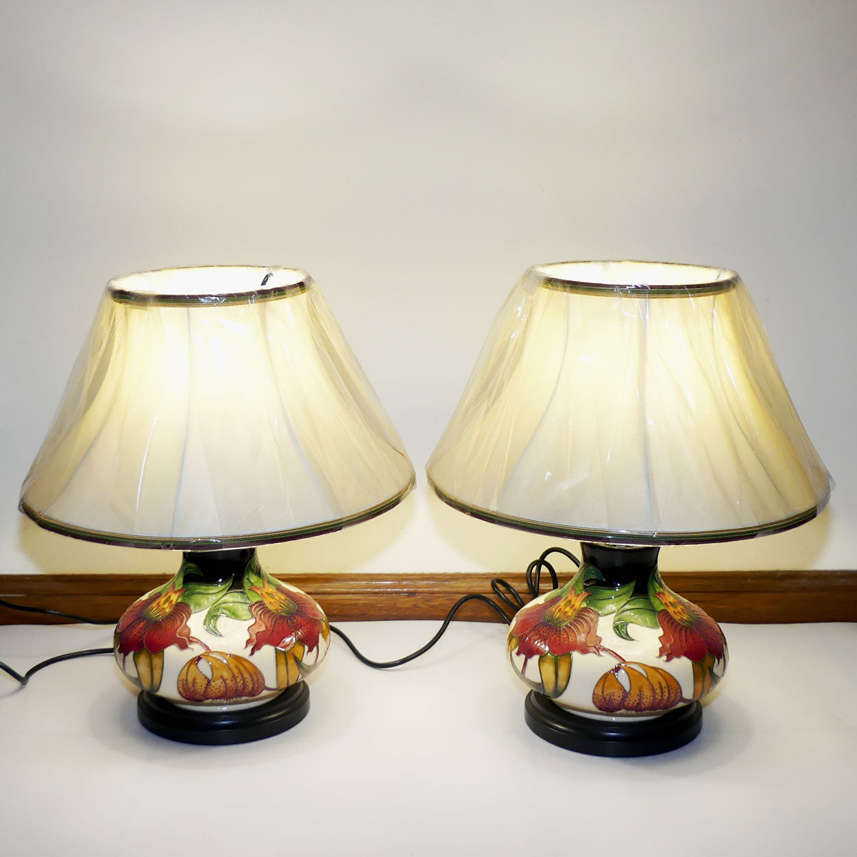 Moorcroft pair of Lamps and Silk Shades | Anna Lily pattern | Shape 32/8