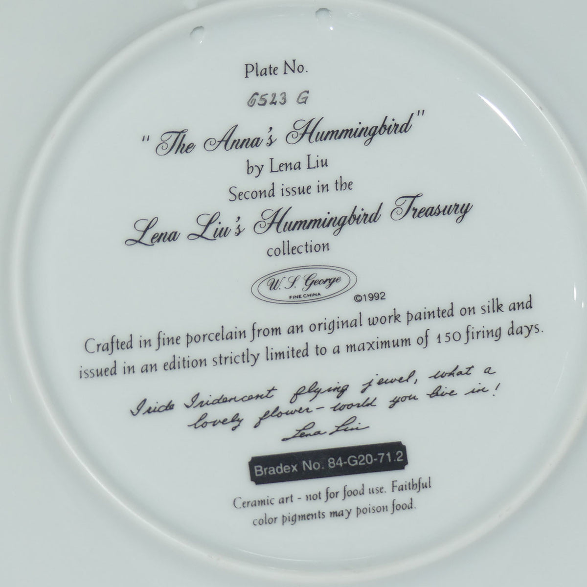 Bradex 84 G20 71.2 plate | Lena Liu's Hummingbird Treasury | The Anna's Hummingbird + Cert