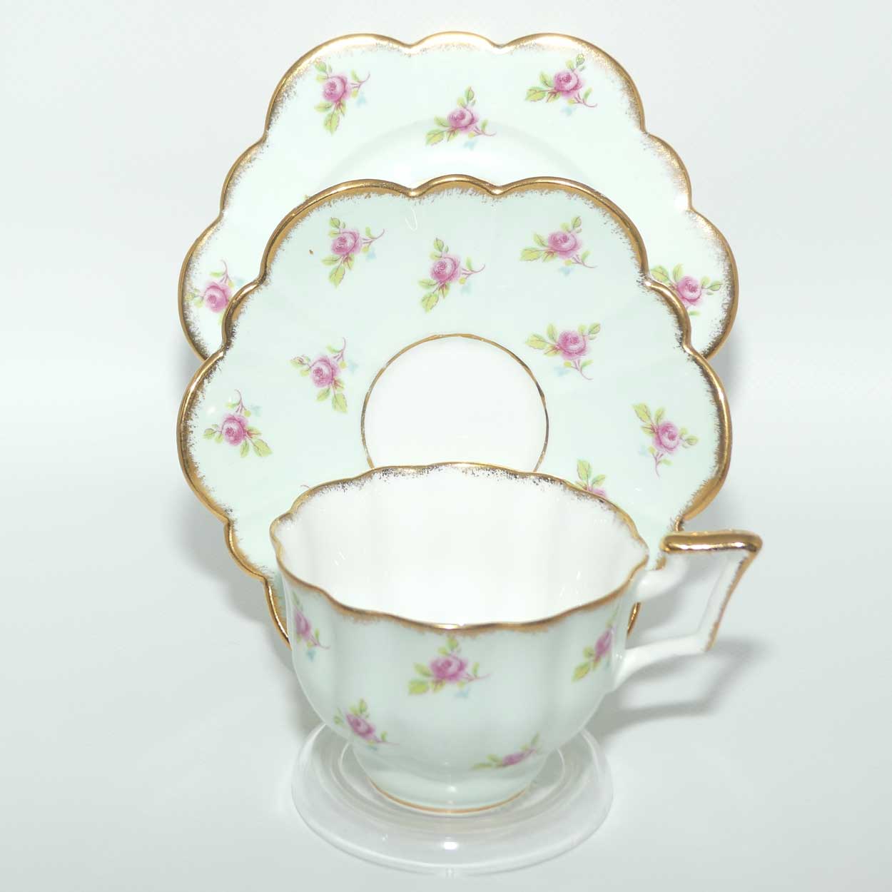 Salisbury Aqua and Rosebuds Gilt Trim tea trio | Unusual Shape