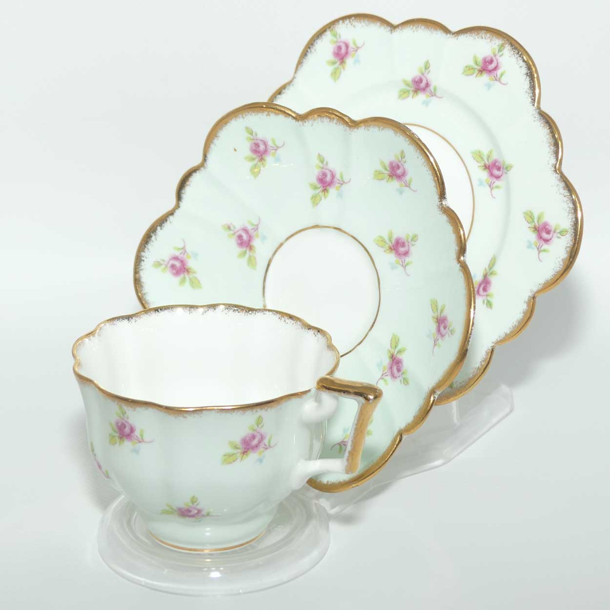 Salisbury Aqua and Rosebuds Gilt Trim tea trio | Unusual Shape