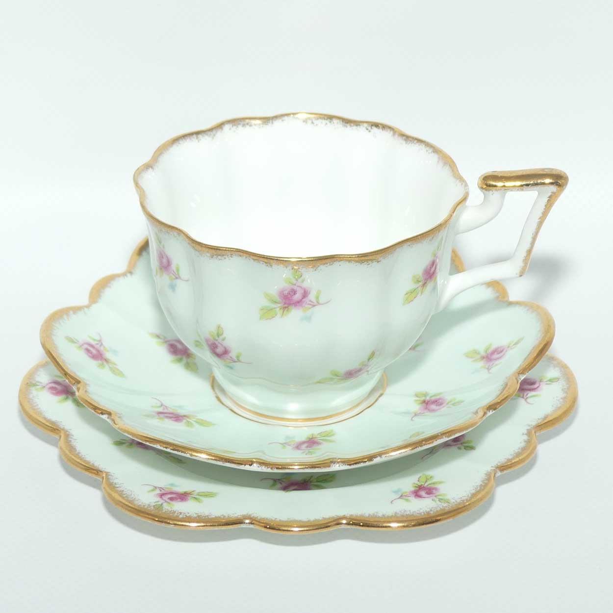 Salisbury Aqua and Rosebuds Gilt Trim tea trio | Unusual Shape