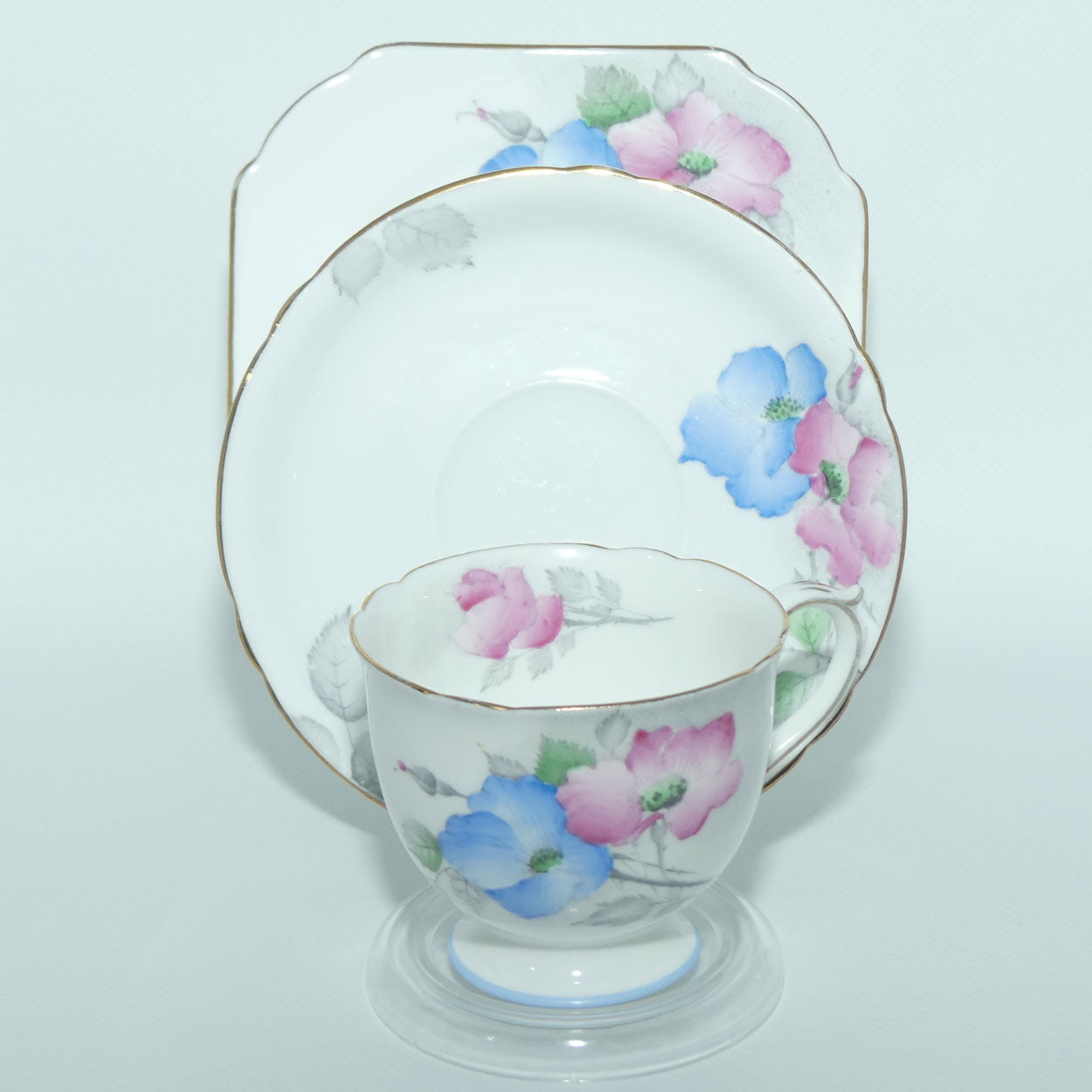 Shelley Ascot shape Dog Rose | Pink and Blue Floral trio | Y 097
