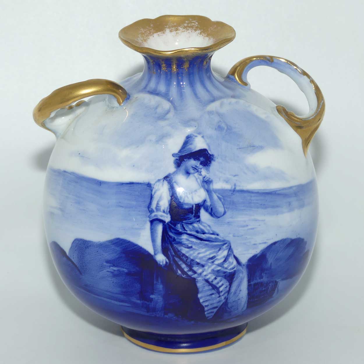 Royal Doulton Blue Childrens ball vase with helix twist handles (Woman by seashore)