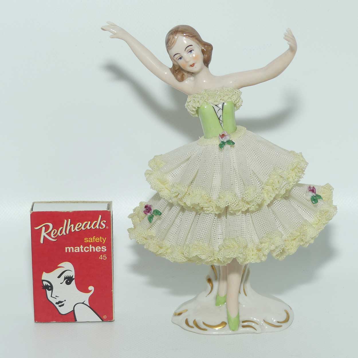 Dresden Lace Ballerina figurine | Arms Outstretched | Yellow Trim Floral Dress