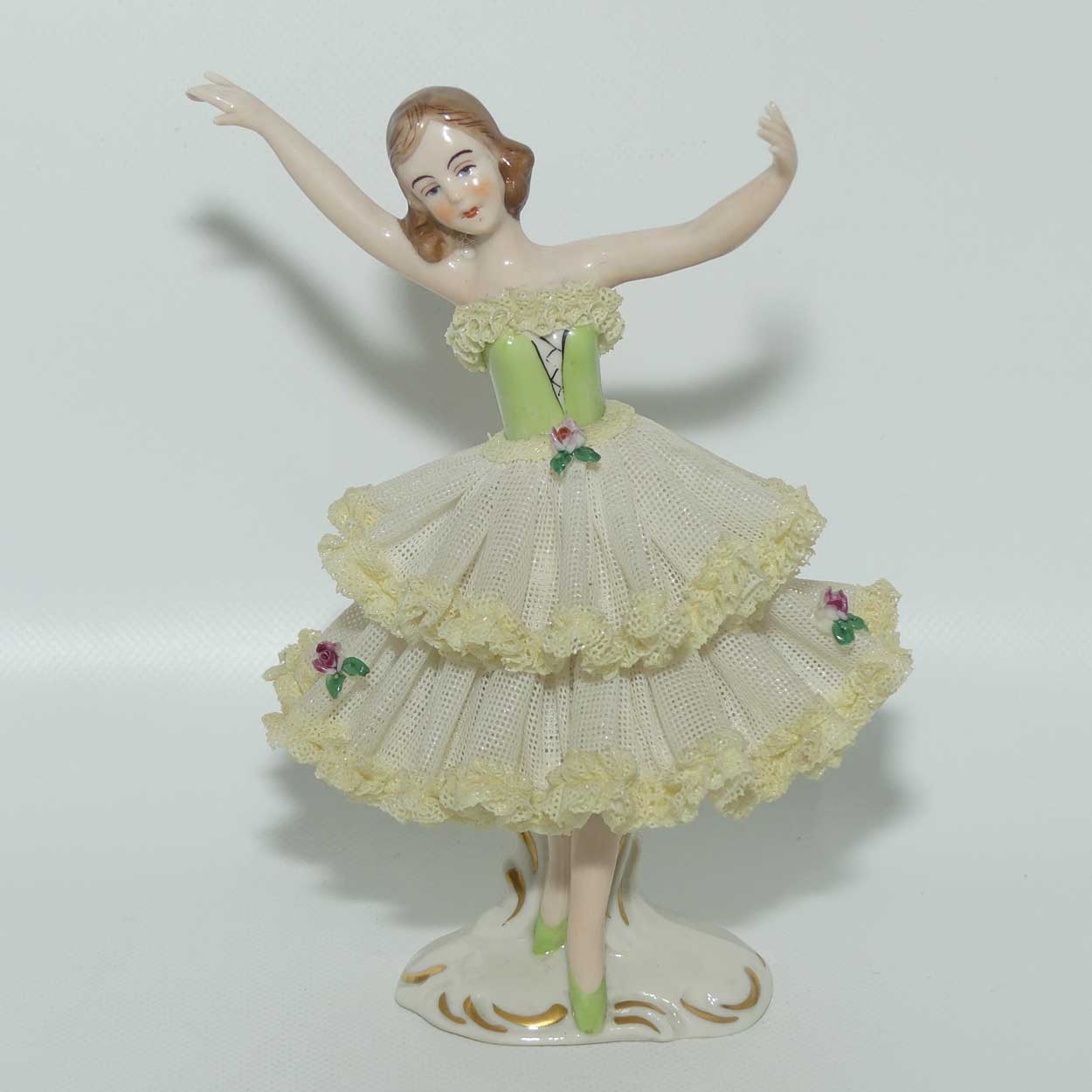 Dresden Lace Ballerina figurine | Arms Outstretched | Yellow Trim Floral Dress