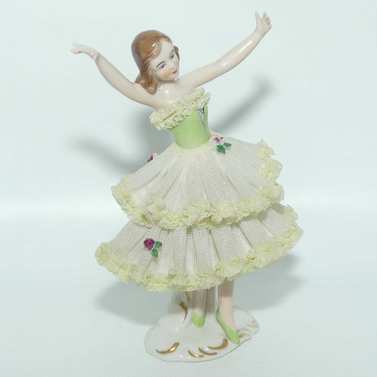 Dresden Lace Ballerina figurine | Arms Outstretched | Yellow Trim Floral Dress