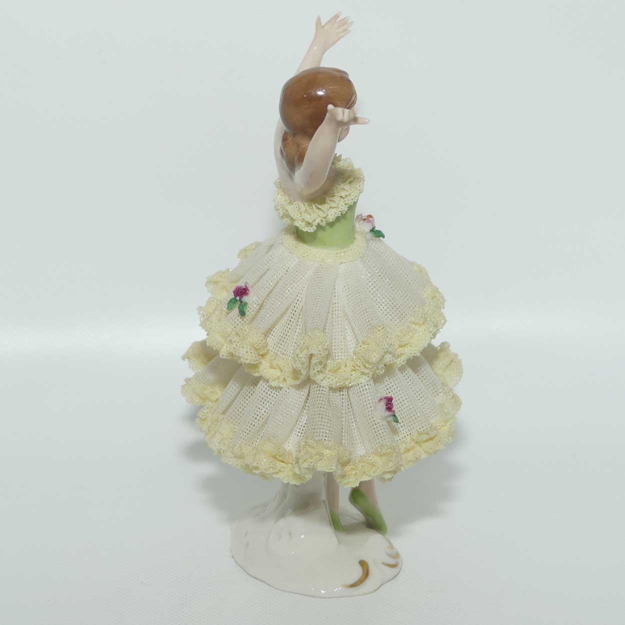 Dresden Lace Ballerina figurine | Arms Outstretched | Yellow Trim Floral Dress