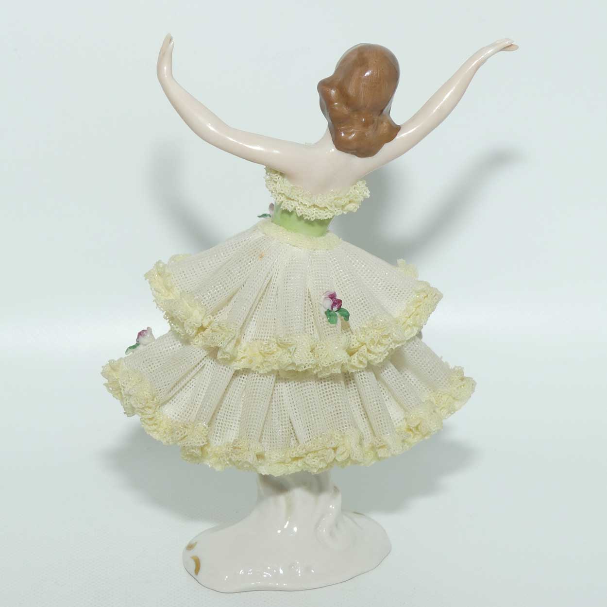 Dresden Lace Ballerina figurine | Arms Outstretched | Yellow Trim Floral Dress