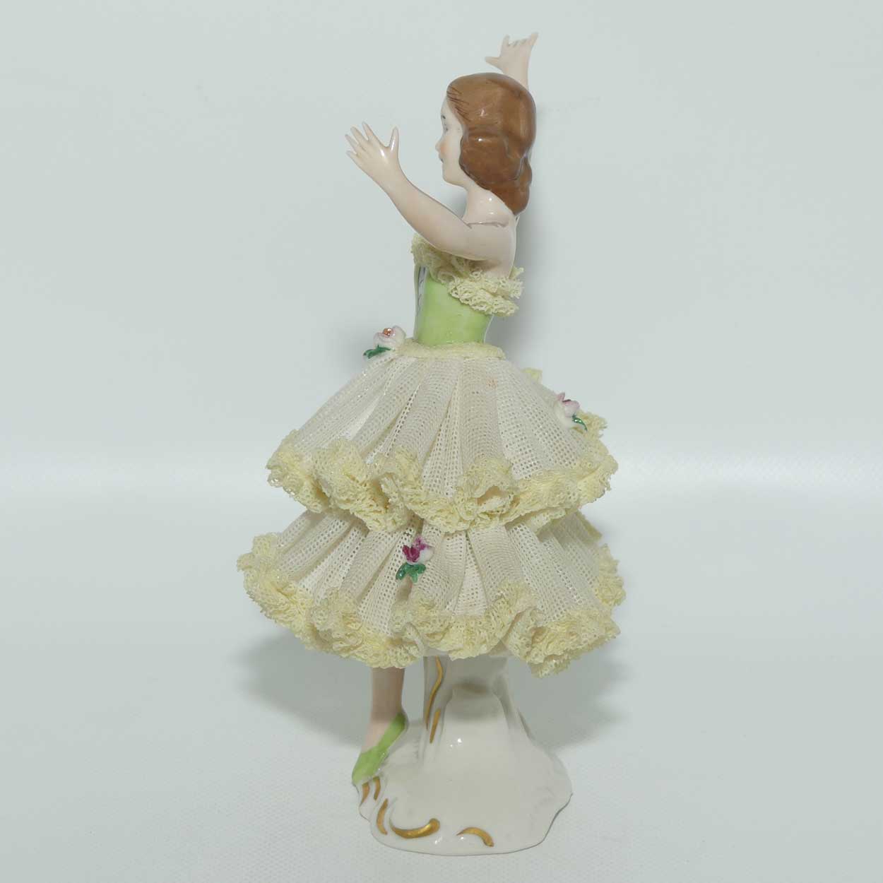 Dresden Lace Ballerina figurine | Arms Outstretched | Yellow Trim Floral Dress