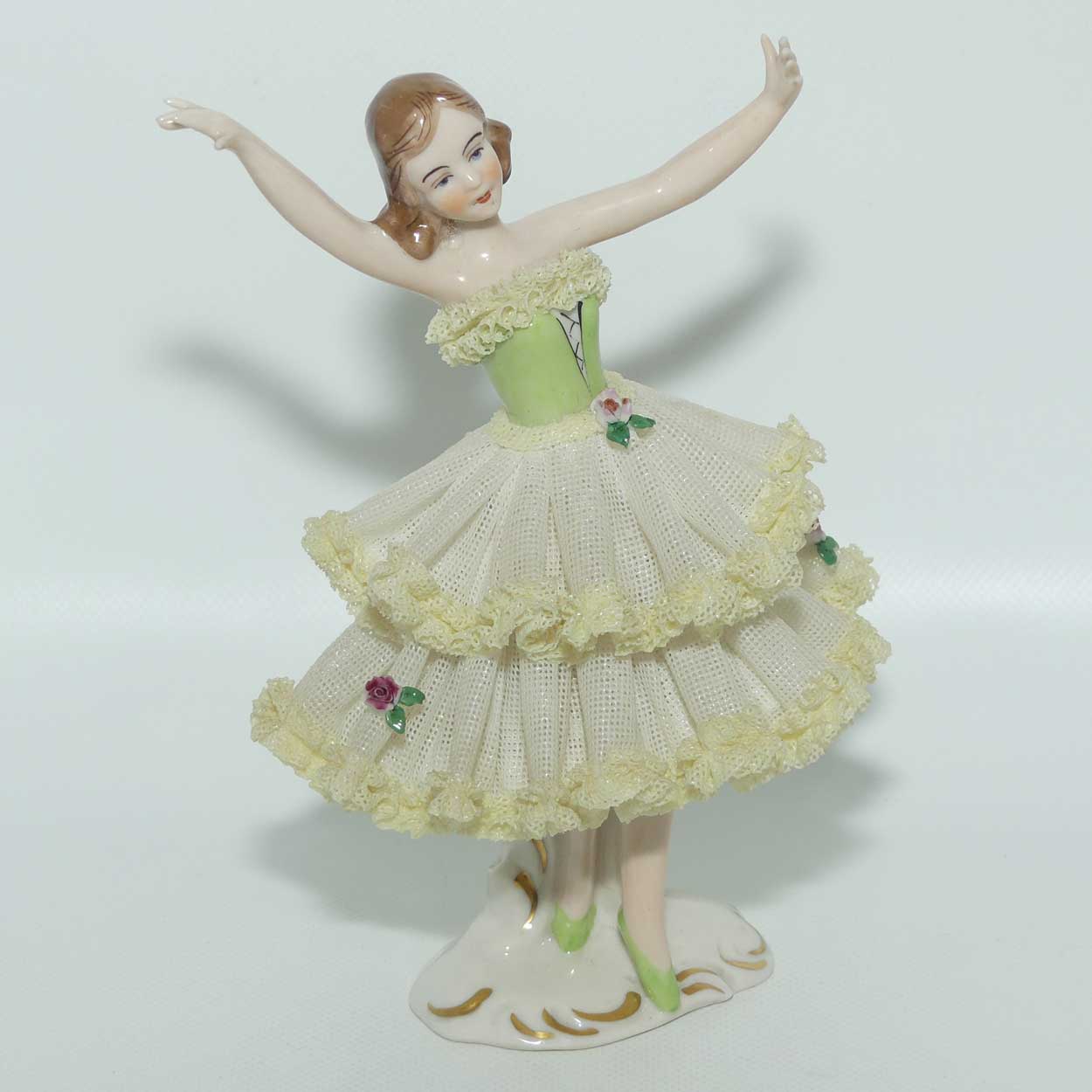 Dresden Lace Ballerina figurine | Arms Outstretched | Yellow Trim Floral Dress