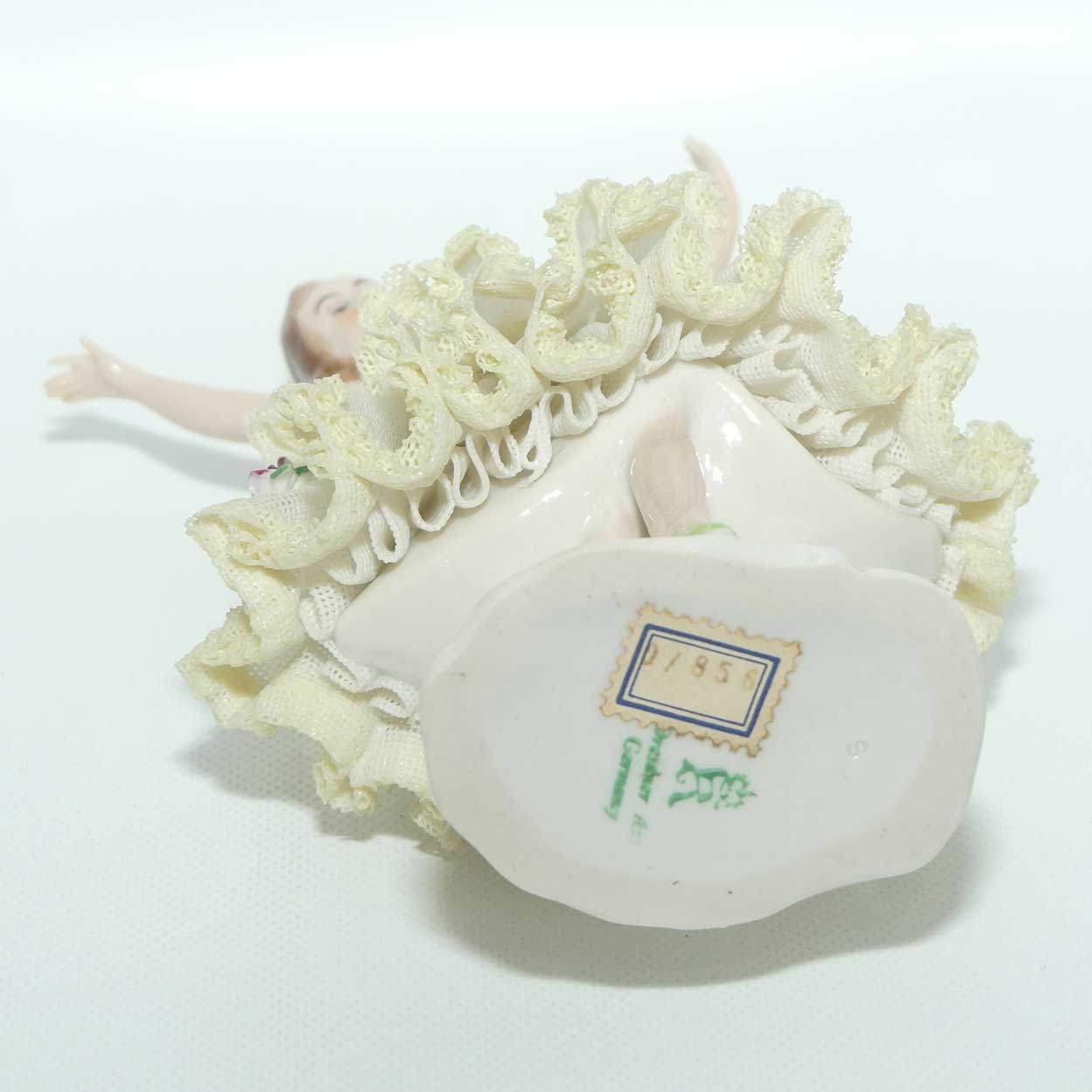 Dresden Lace Ballerina figurine | Arms Outstretched | Yellow Trim Floral Dress