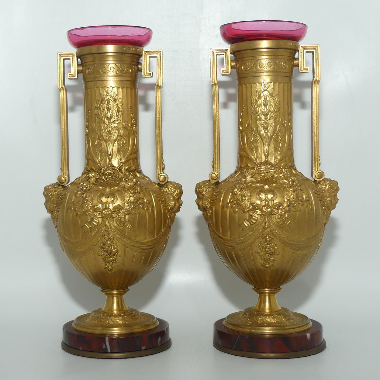 19th Century Gilt Bronze Neoclassical Decorative Vases by Ferdinand Barbedienne | with Cranberry glass inserts