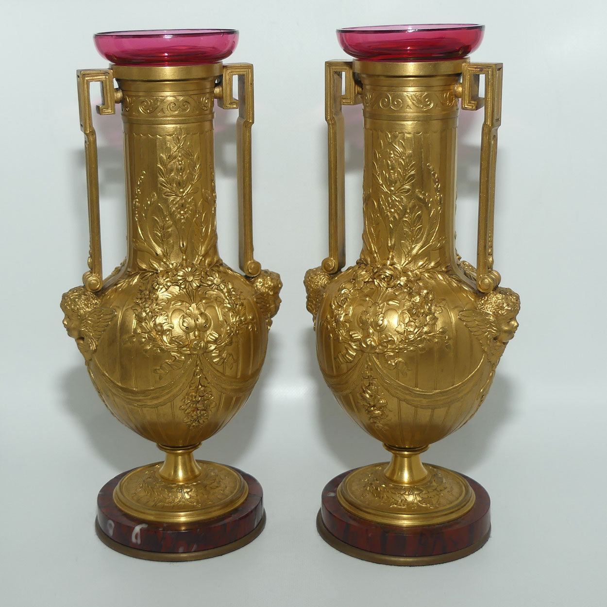 19th Century Gilt Bronze Neoclassical Decorative Vases by Ferdinand Barbedienne | with Cranberry glass inserts