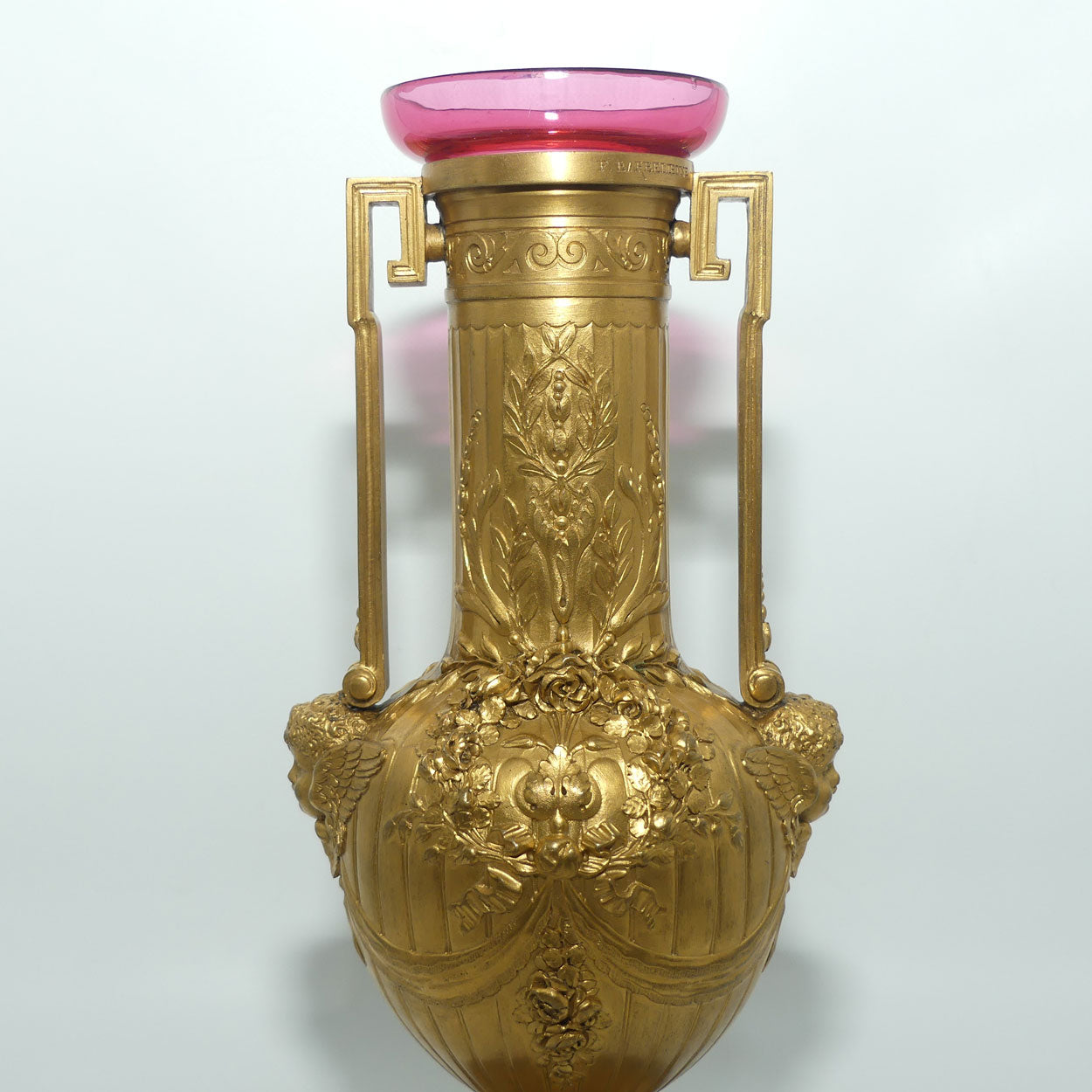 19th Century Gilt Bronze Neoclassical Decorative Vases by Ferdinand Barbedienne | with Cranberry glass inserts