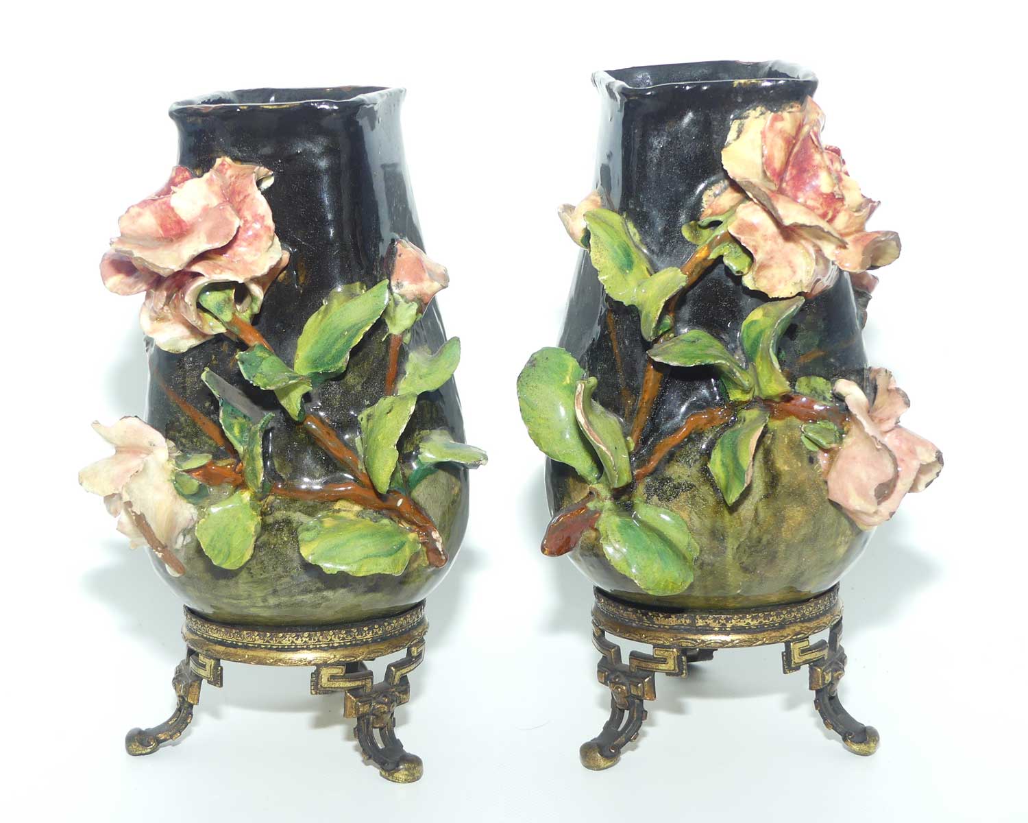 Pair of 19th Century French Faience and Ormolu Barbotine Vases