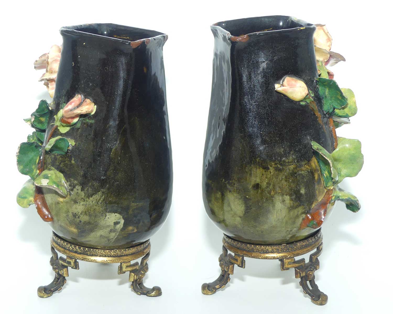 Pair of 19th Century French Faience and Ormolu Barbotine Vases